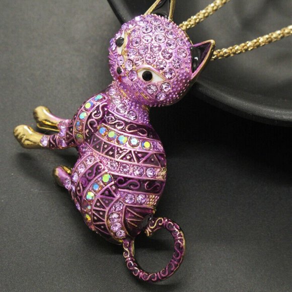 Betsey Johnson Adorable Purple Striped Rhinestone & Enamel CAT Pendant Necklace - Picture 7 of 8